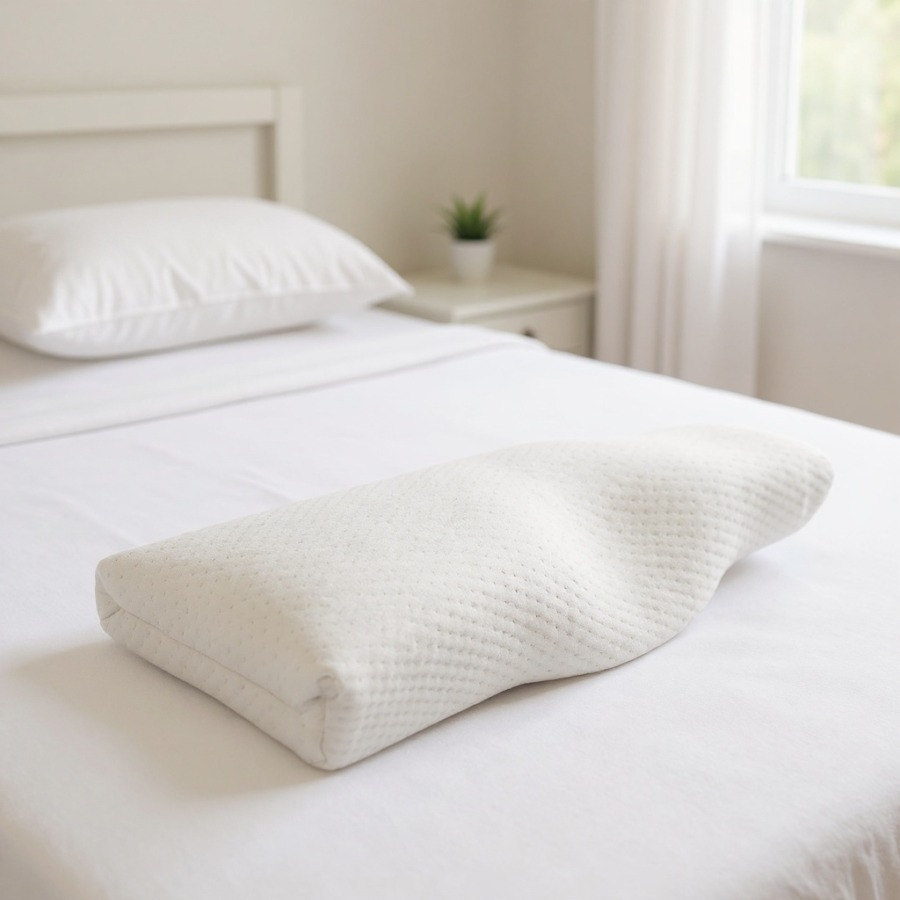 Un coussin ergonomique pour le cou, parfait pour ton lit dans la chambre.