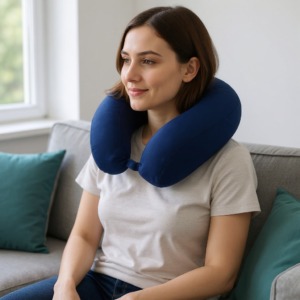Une ergonomique coussin de voyage pour le cou en forme de U, porté, vue de dos Une ergonomique coussin de voyage pour le cou en forme de U, porté, vue de dos