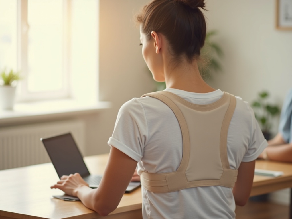 Personne portant un correcteur de posture à son bureau en télétravail