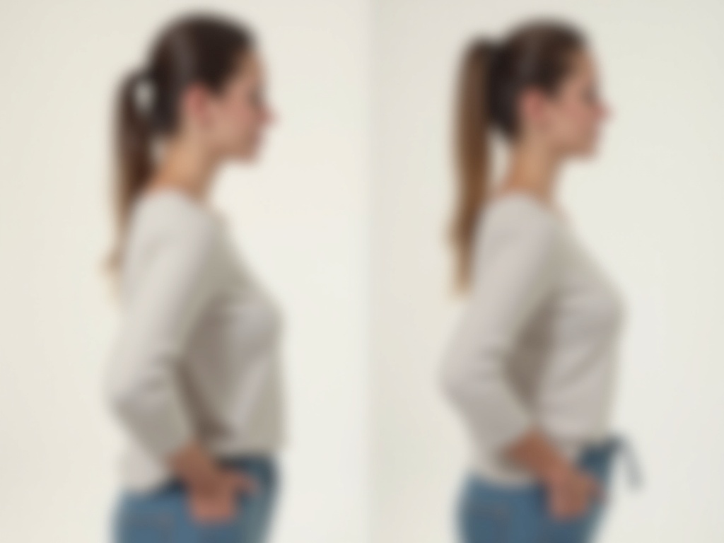 Comparaison de la silhouette d'une femme avant et après l'utilisation d'un correcteur de posture, vue de profil