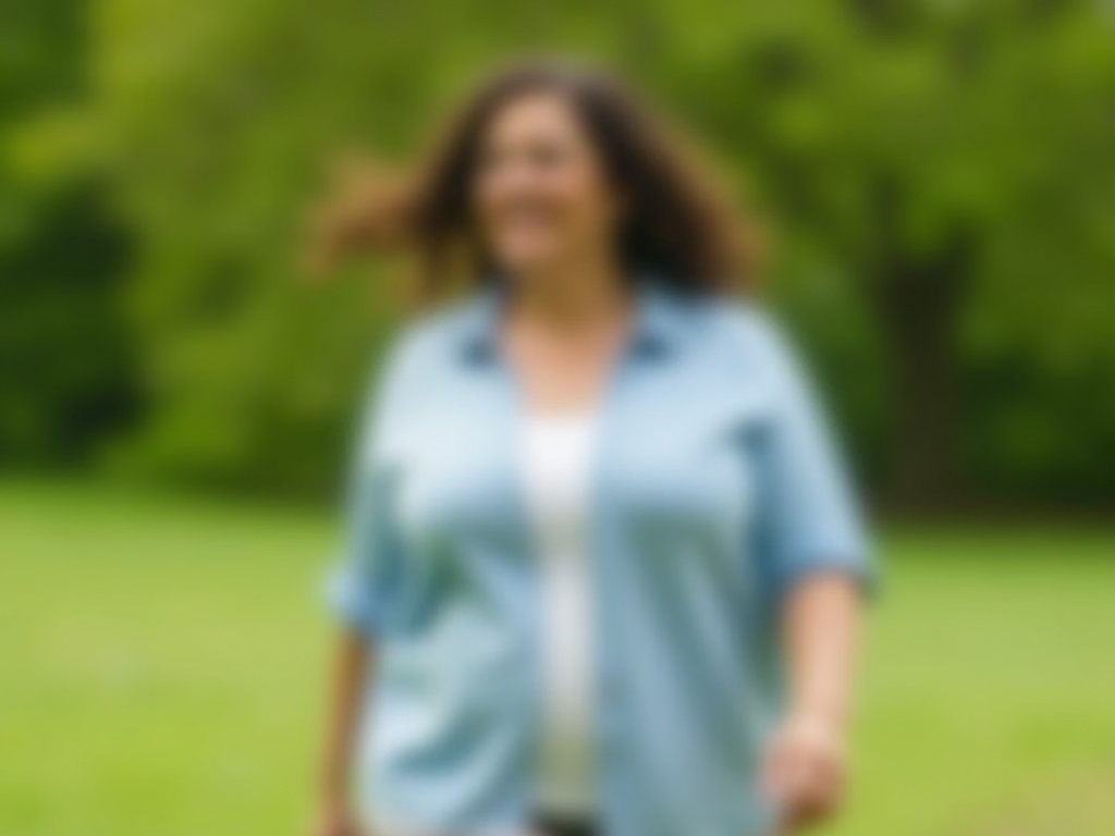 Femme plus size marche dans un parc avec son correcteur de posture sous son haut