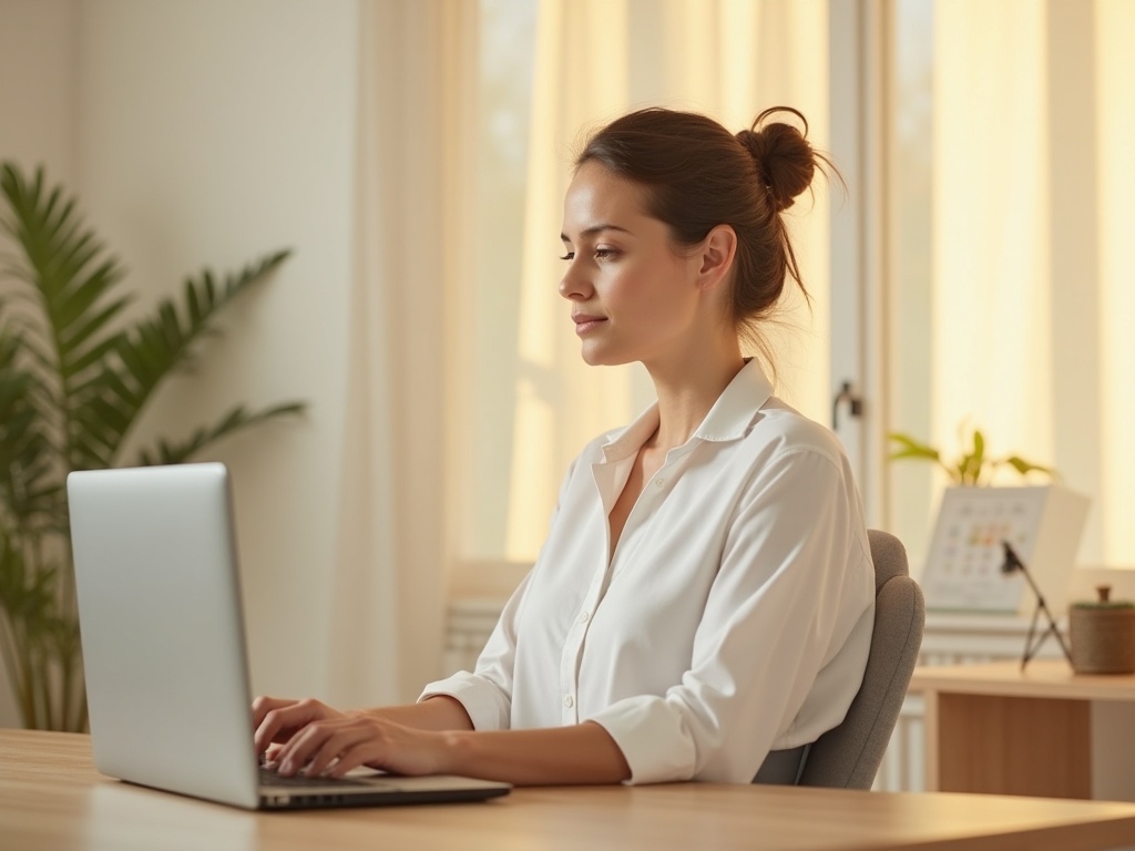 Femme travaillant sur un ordinateur portable dans un bureau à domicile avec un discret correcteur de posture sous son chemisier