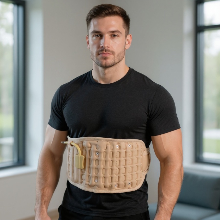 Gonflable, la ceinture lombaire se porte autour de la taille. Gonflable, la ceinture lombaire se porte autour de la taille.