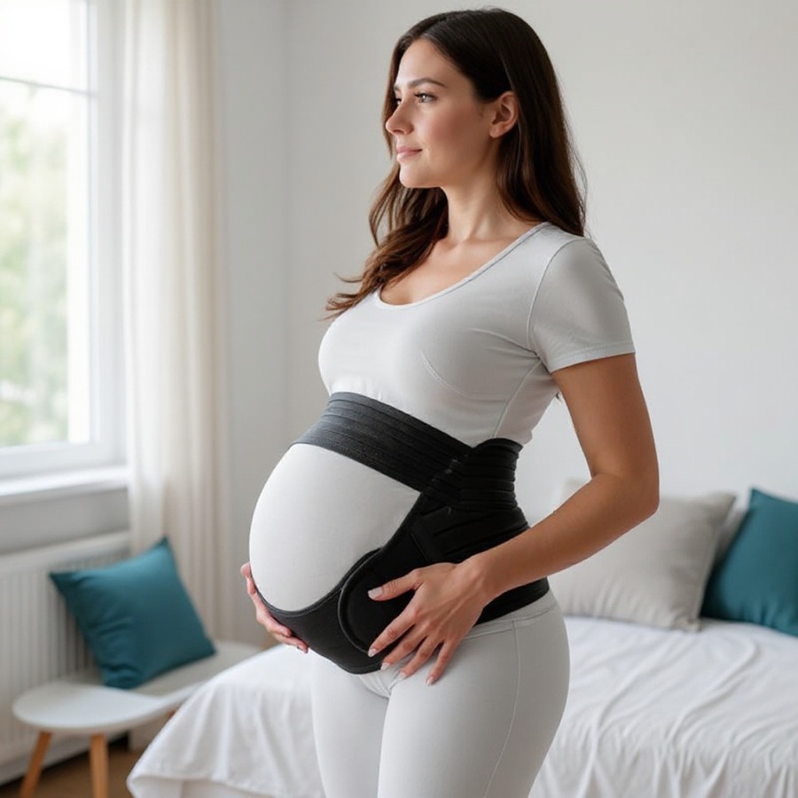 Bandeau de grossesse de soutien porté par la future maman Bandeau de grossesse de soutien porté par la future maman