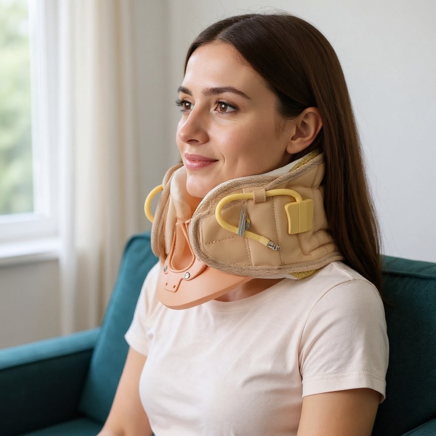 Coussin cervical semi-rigide gonflable à placer autour du cou