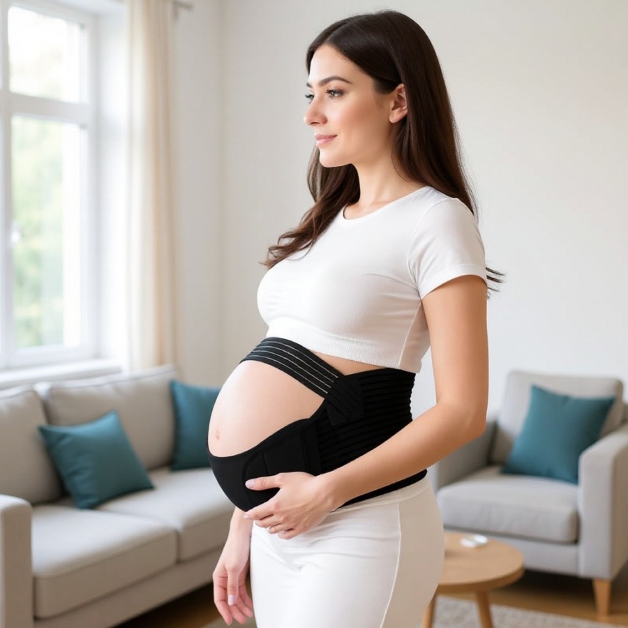 Un ceinture de grossesse réglable portée par la future maman Un ceinture de grossesse réglable portée par la future maman