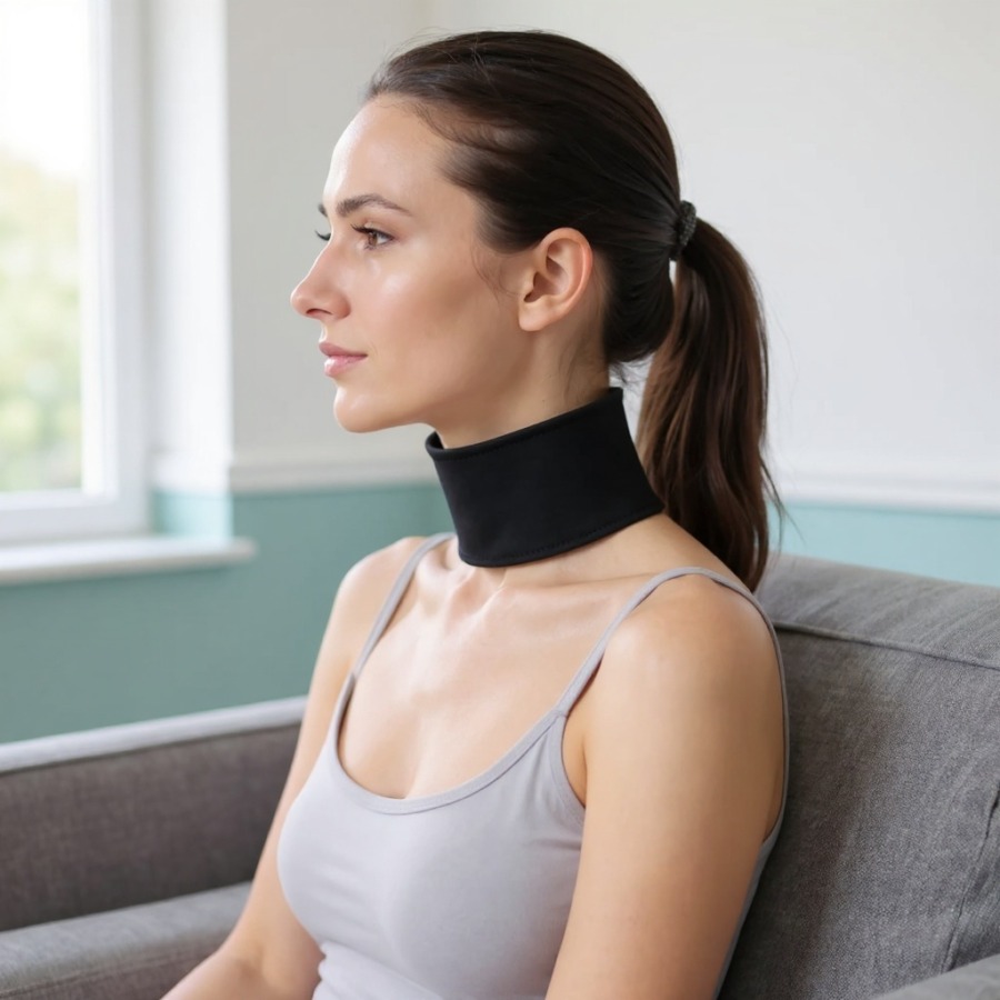 Un collier cervical chauffant enroulé autour du cou Un collier cervical chauffant enroulé autour du cou