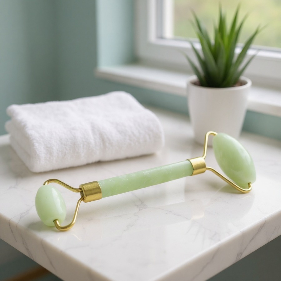 Rouleau de massage en pierre de jade sur support en marbre