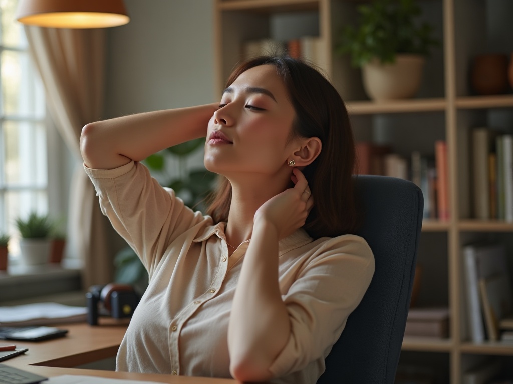 Exercice d'étirement des muscles du cou - inclinaison latérale de la tête au bureau