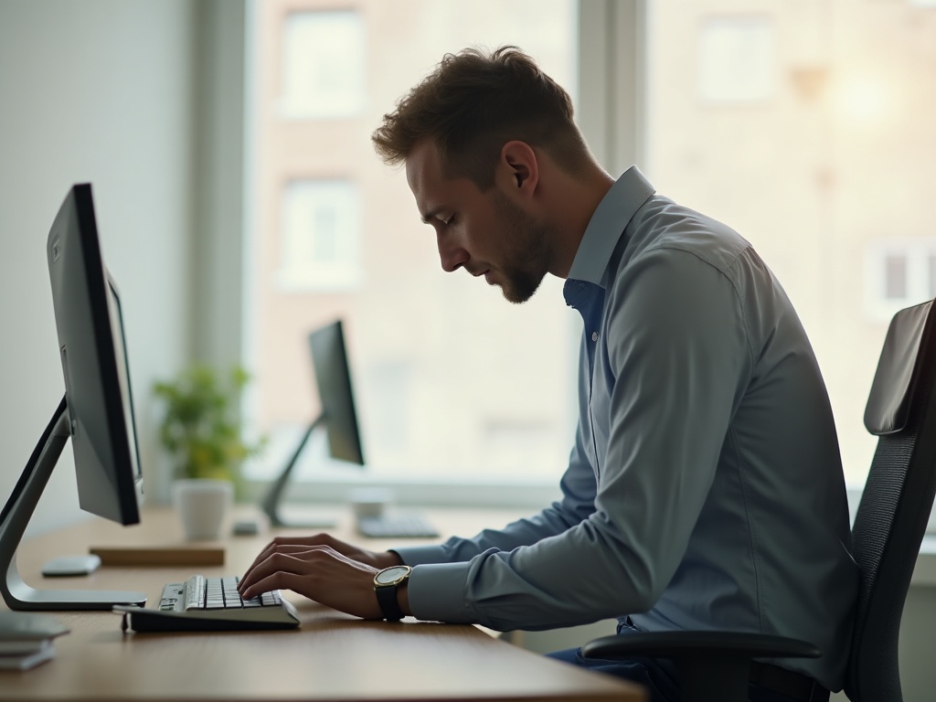 Employé de bureau au dos arrondi devant son poste - mauvaise posture typique en position assise