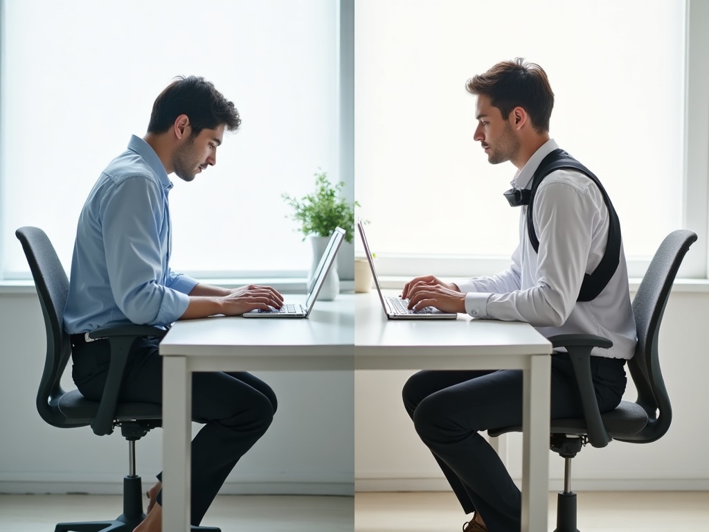 Comparaison de la posture sans correcteur et avec correcteur de posture au bureau