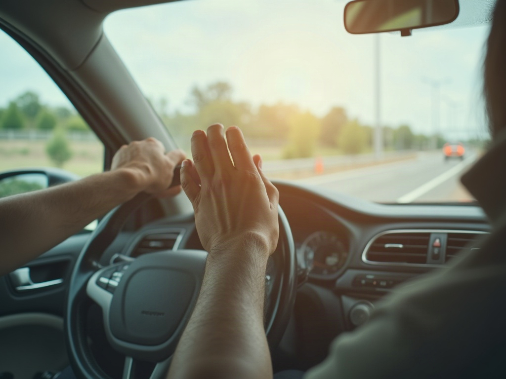 Conducteur s'étirant pendant une pause sur l'autoroute