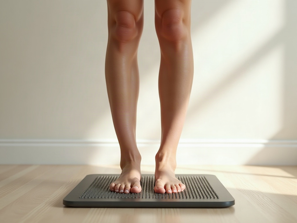 Se tenir pieds nus sur un tapis d'acupression - position pour les pieds