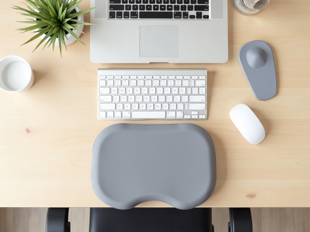 Accessoires ergonomiques pour le bureau : coussin d'assise, repose-pieds, souris ergonomique et repose-poignets