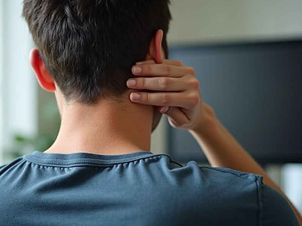 Personne ressentant une tension dans la nuque à son bureau, problème typique des utilisateurs de masseur de nuque