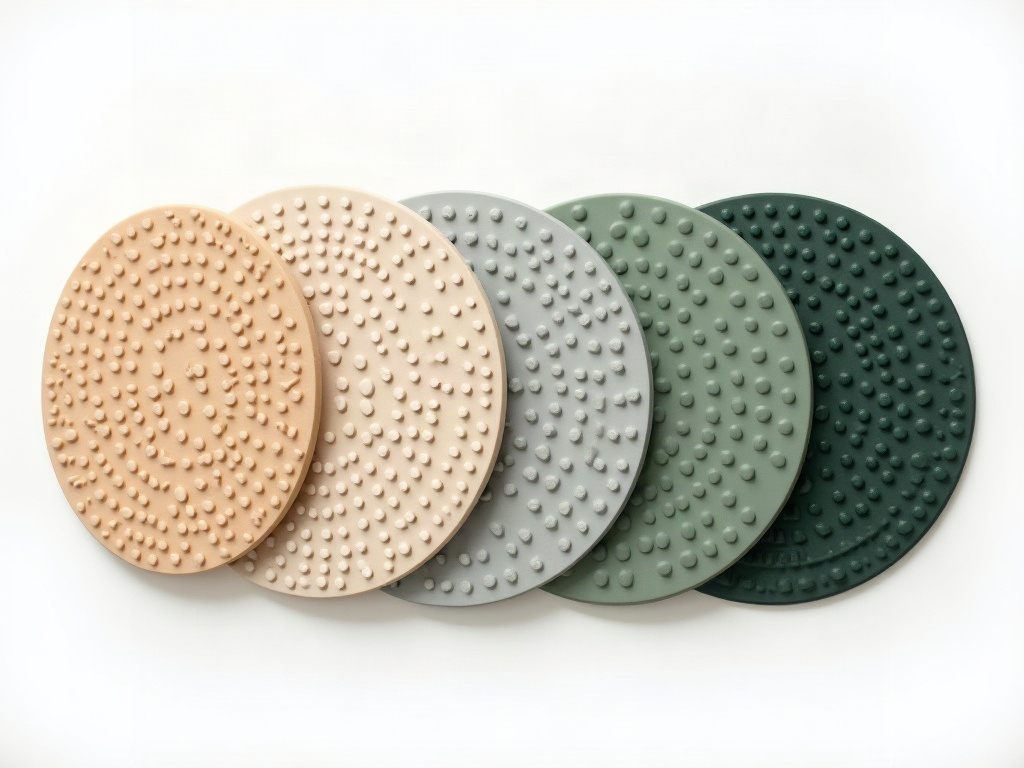 Cinq tapis d'acupression de tailles et couleurs différentes alignés côte à côte