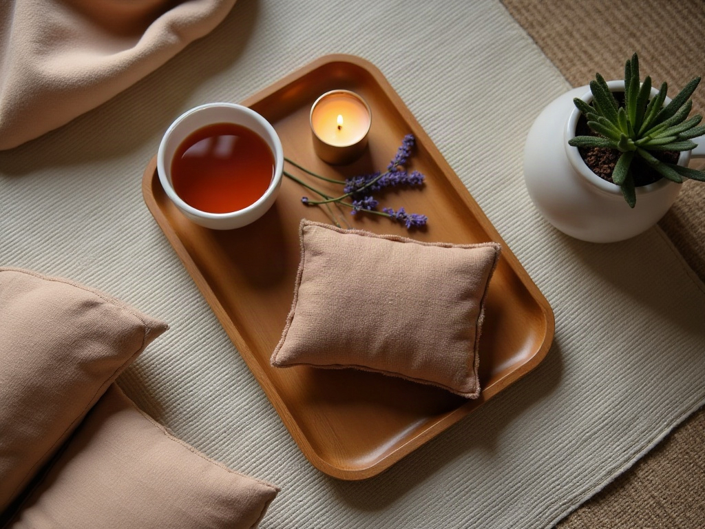 Rituel de détente du soir avec tapis d'acupression, tisane et lavande