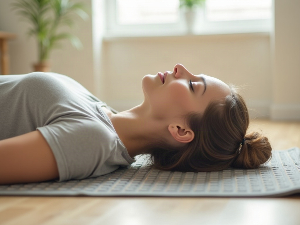 Femme allongée sur un tapis d'acupression sur le sol dans un intérieur cosy