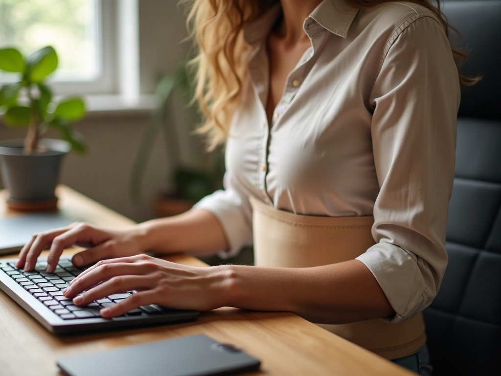 Personne assise à un bureau portant une ceinture chauffante lombaire