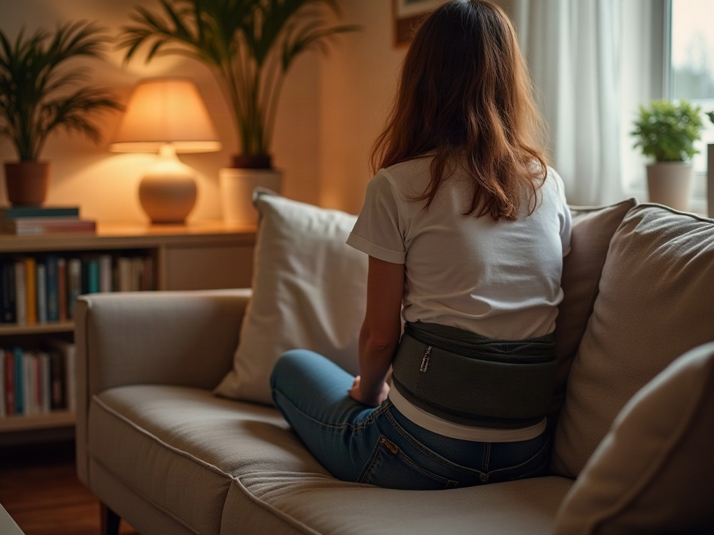 Repos à la maison avec une ceinture chauffante pour le bas du dos