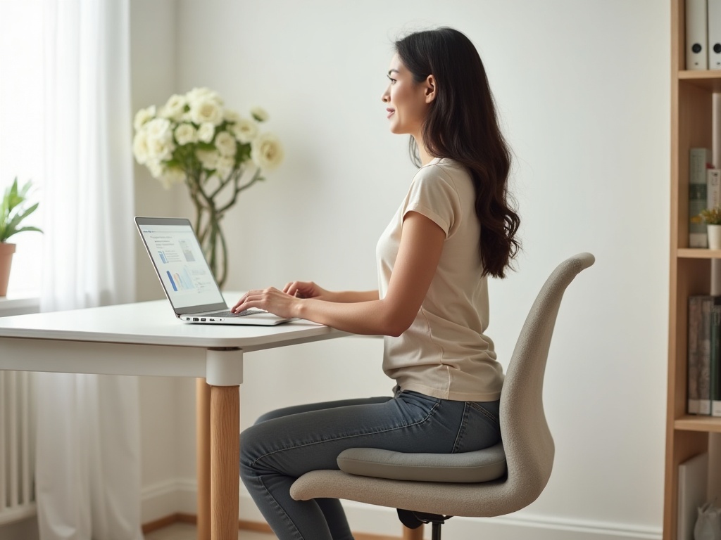Personne assise sur un coussin ergonomique à son bureau en télétravail