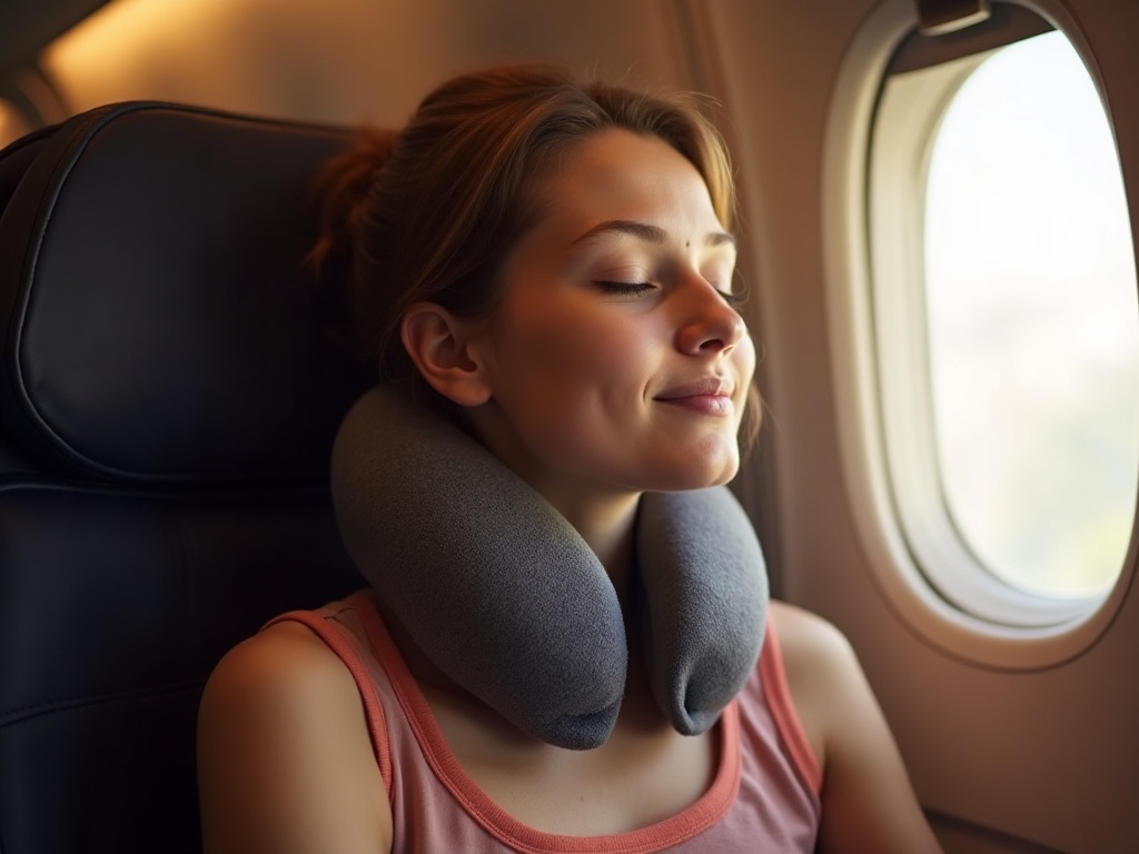 Femme dormant dans un avion avec un coussin de voyage en mousse à mémoire de forme autour du cou