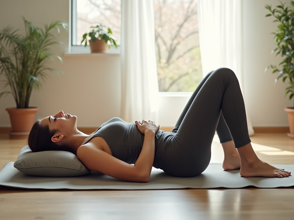 Position allongée avec un coussin sous les genoux pour apaiser les tensions de la sciatique