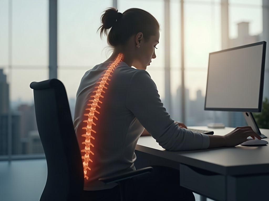 Personne assise à un bureau avec une lordose lombaire aplatie - vue de profil