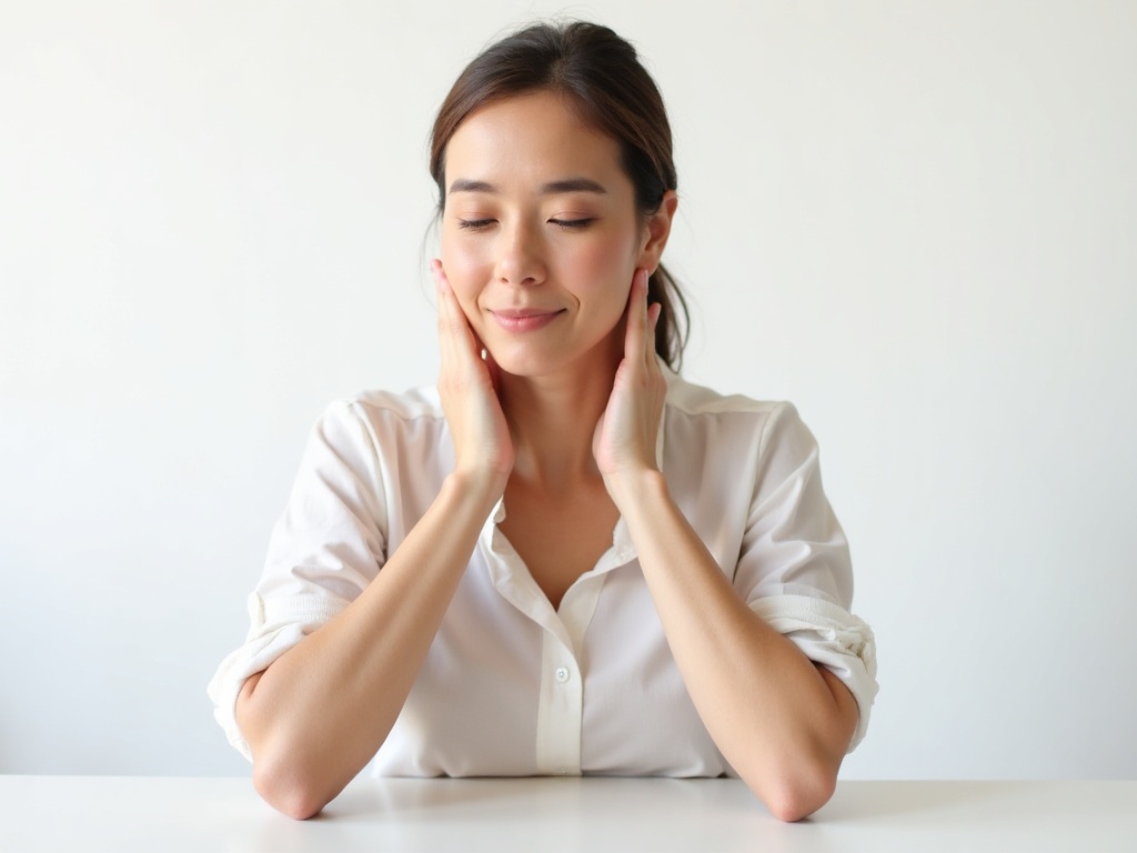 Femme réalisant l'exercice du chin tuck, qui consiste à rentrer le menton pour favoriser la détente des muscles du cou