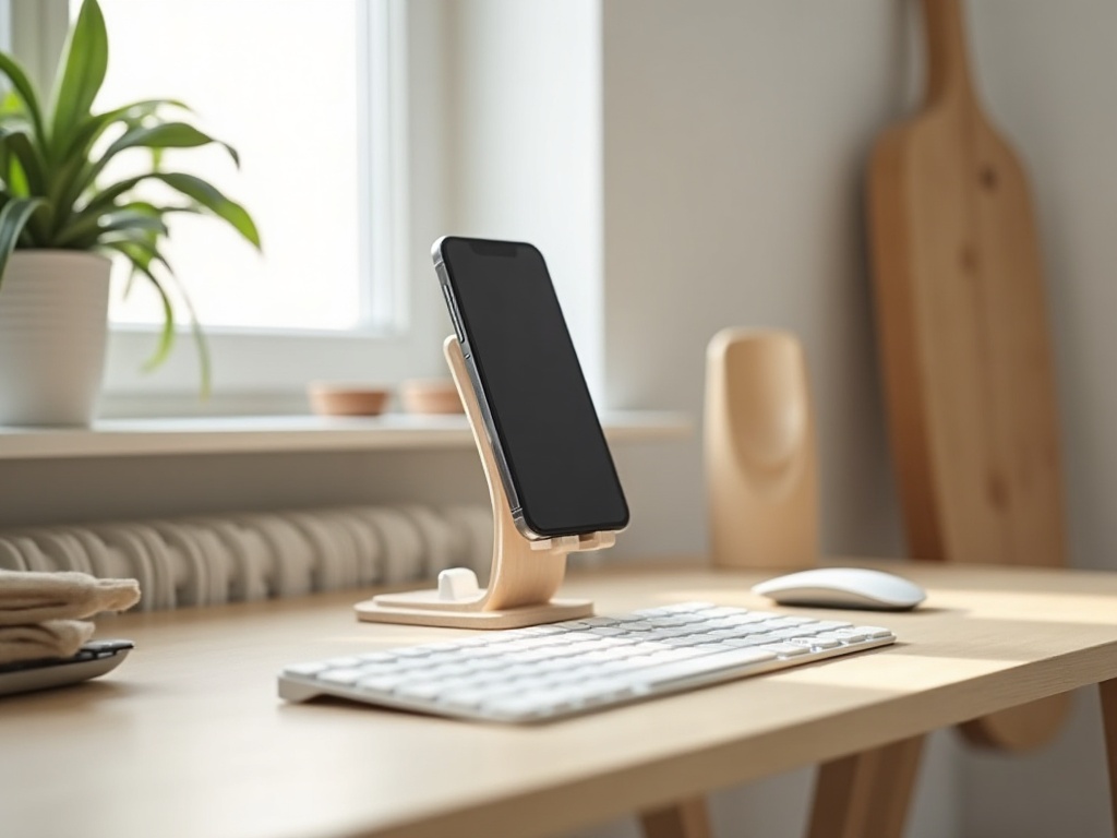 Smartphone posé sur un support à hauteur des yeux - solution ergonomique qui réduit les tensions dans la nuque