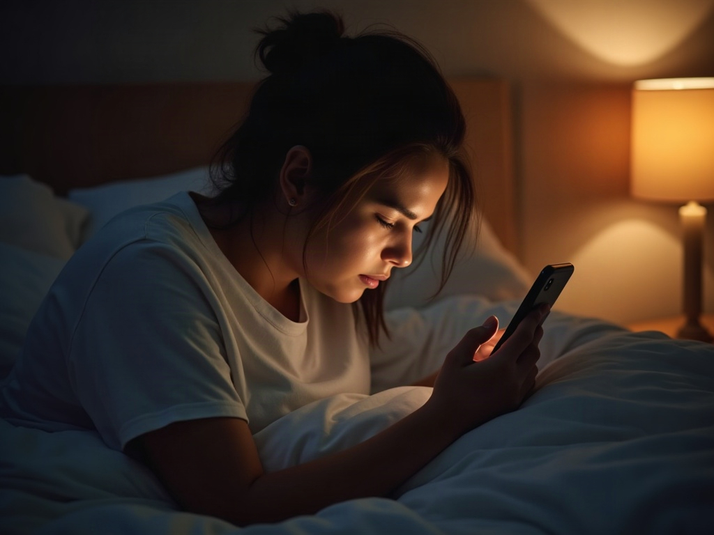 Personne utilisant son téléphone au lit, tête penchée, avant de dormir