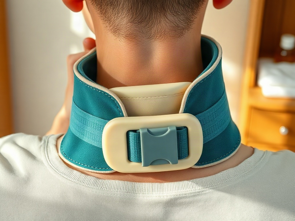 Ajustement précis d'un collier cervical : gros plan sur la fermeture velcro avec vue arrière du cou