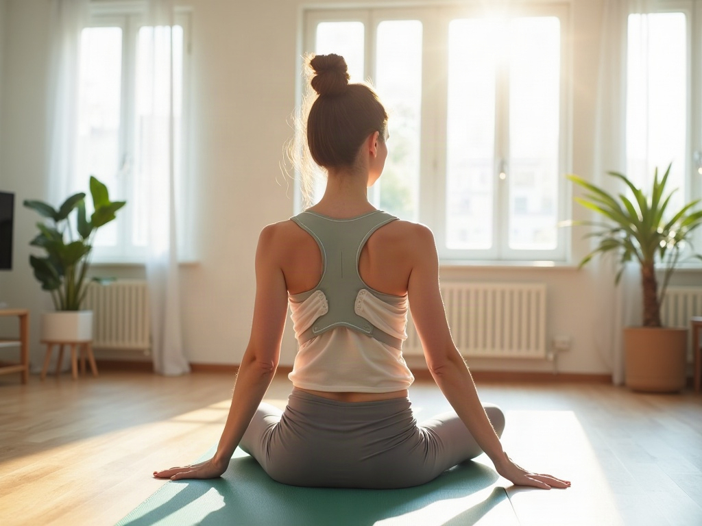 Personne portant un correcteur de posture et faisant des étirements doux à la maison