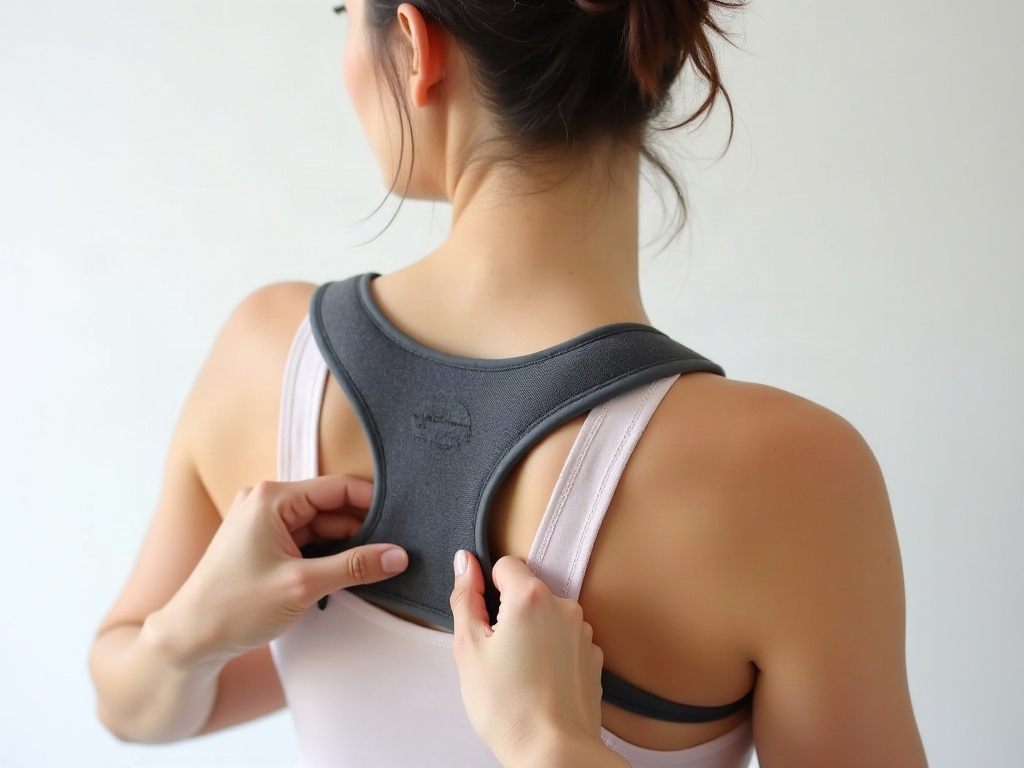 Femme réglant les sangles d'un correcteur de posture sur ses épaules