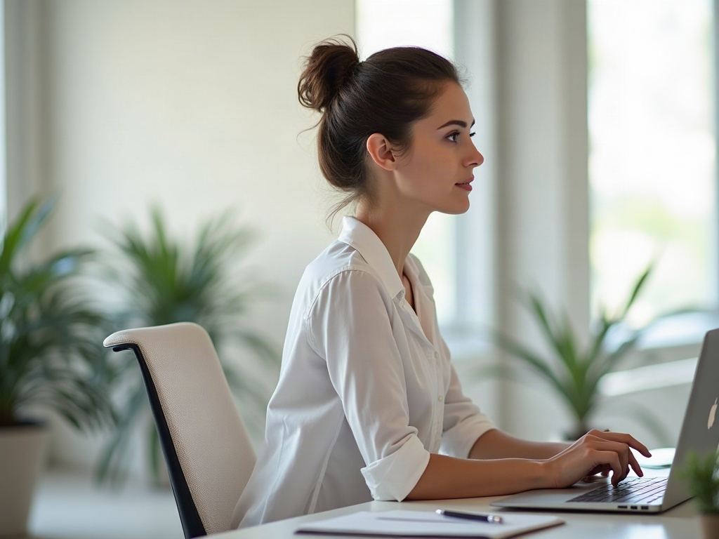 Femme assise droite à son bureau portant discrètement un correcteur de posture sous son chemisier