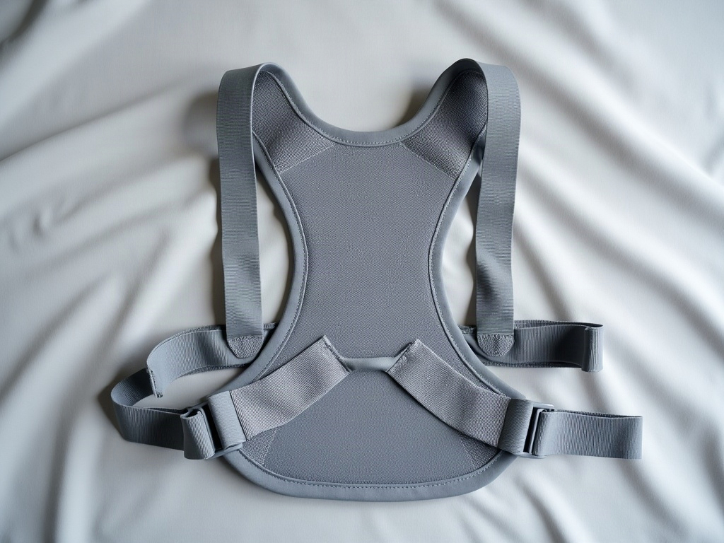 Correcteur de posture en mesh respirant posé à plat sur tissu gris, vue détaillée des sangles élastiques