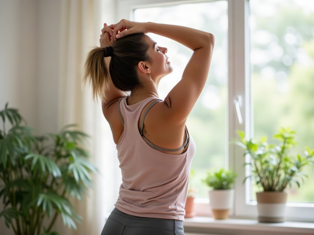 Femme faisant des étirements doux des épaules à la maison dans une tenue de sport légère