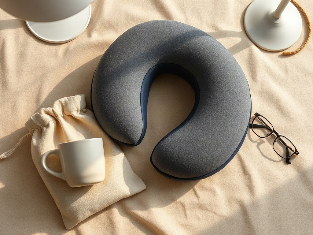 Coussin de voyage ergonomique avec détails de stitching et texture, posé à côté d'une tasse