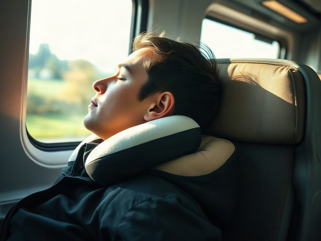 Passager utilisant confortablement un coussin de voyage en train, posture détendue