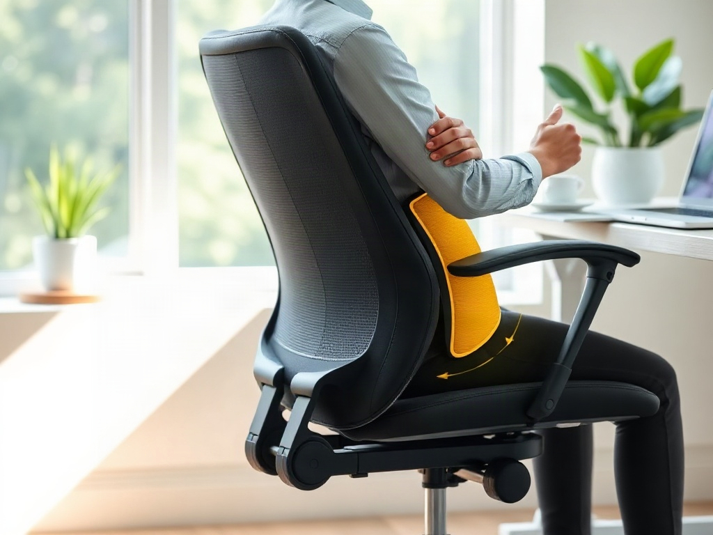 Personne assise avec un coussin lombaire bien positionné sur sa chaise de bureau, montrant une posture ergonomique correcte