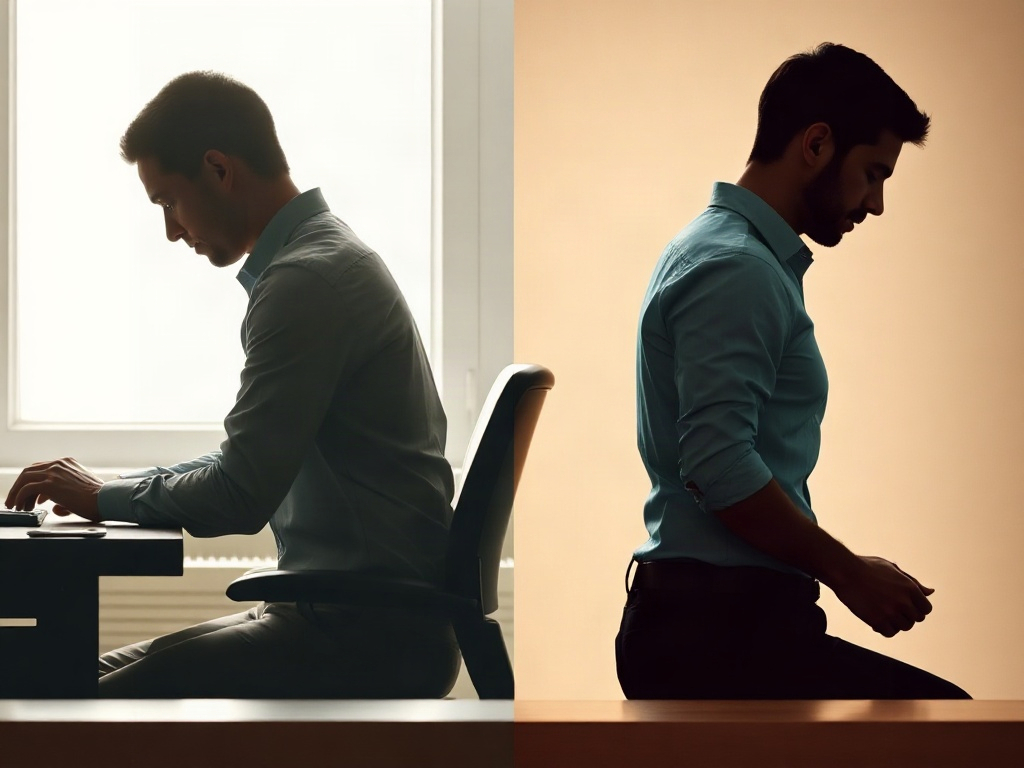 Comparaison visuelle de deux postures au bureau : posture arrondie vers l'avant (mauvaise) et posture alignée neutre (bonne)