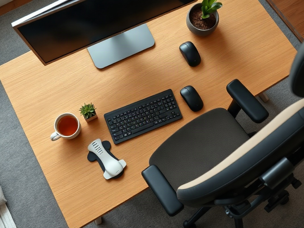 Configuration complète d'un espace de travail ergonomique avec écran surélevé, clavier adapté, support lumbal et accessoires cervicaux