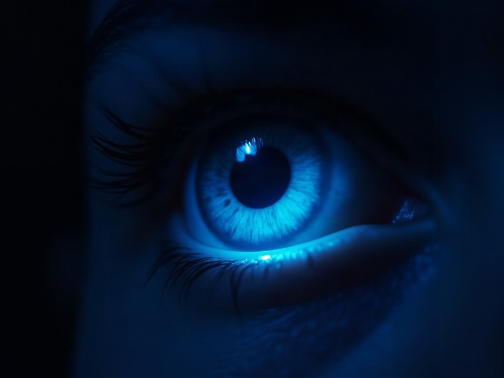 Lumière bleue frappant un œil dans l'obscurité, perturbant la production de mélatonine