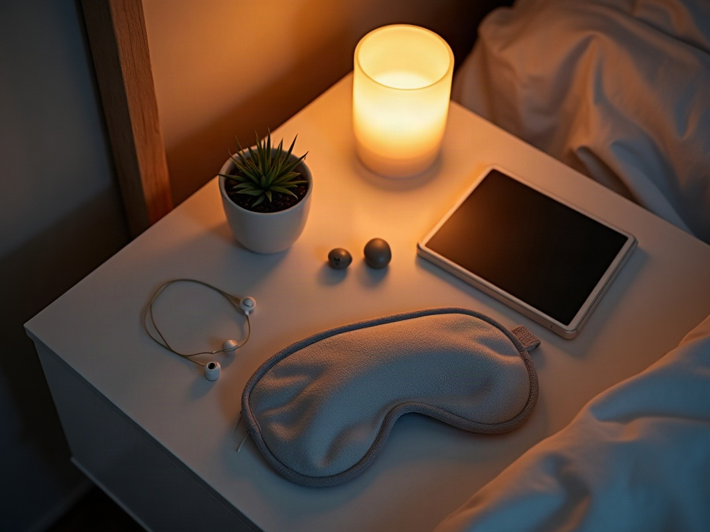 Masque de sommeil et bouchons d'oreilles sur une table de chevet, éléments d'un rituel du soir