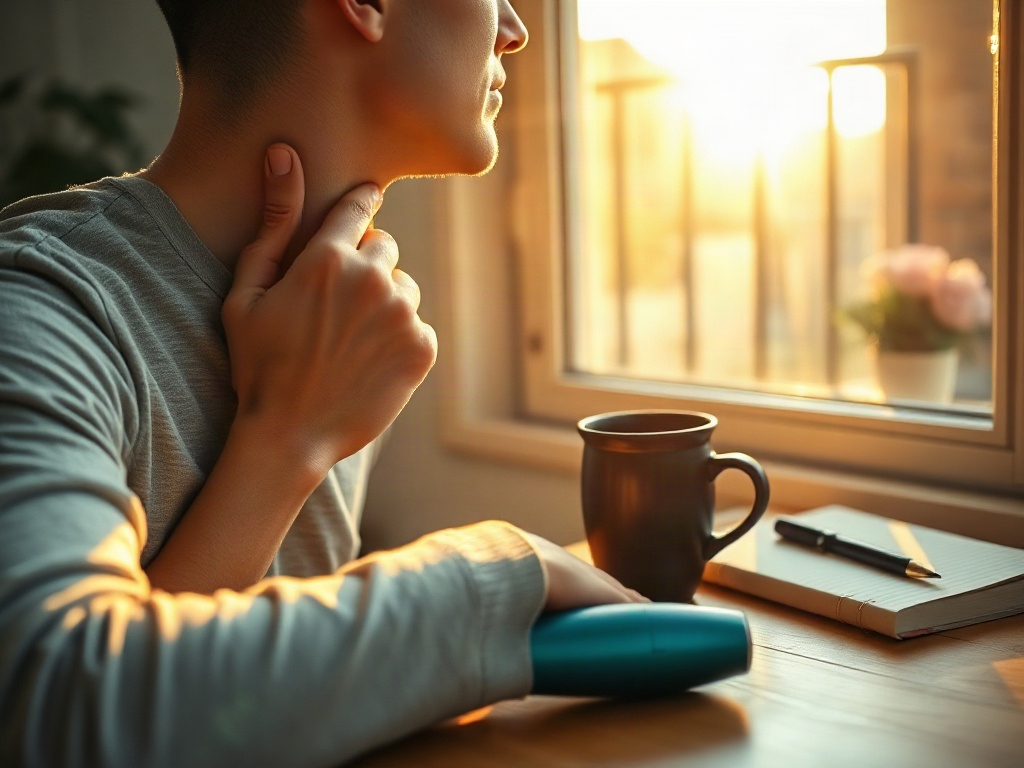 Personne à un bureau testant un masseur de nuque en lumière naturelle matinale