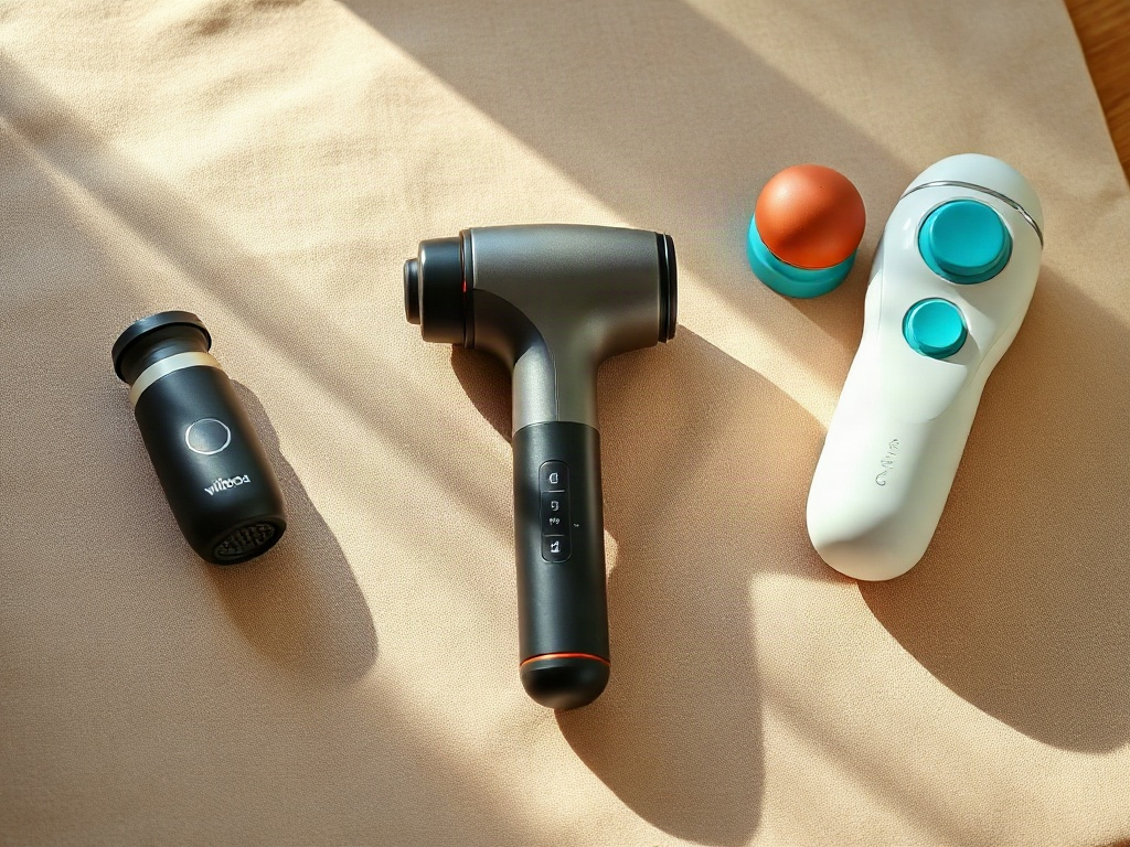 Comparaison côte à côte de trois types de masseurs : vibrant, percussion, chauffant