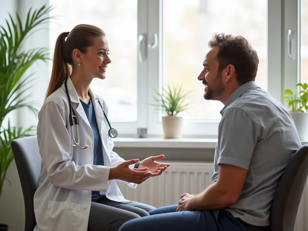 Kinésithérapeute lors d'une consultation avec un patient concernant les tensions du dos et l'ergonomie du sommeil