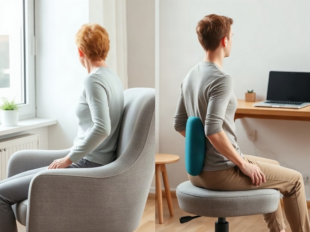 Comparaison de deux postures en position assise : l'une avec le bas du dos arrondi et l'autre avec un soutien lombaire maintenant la courbe naturelle