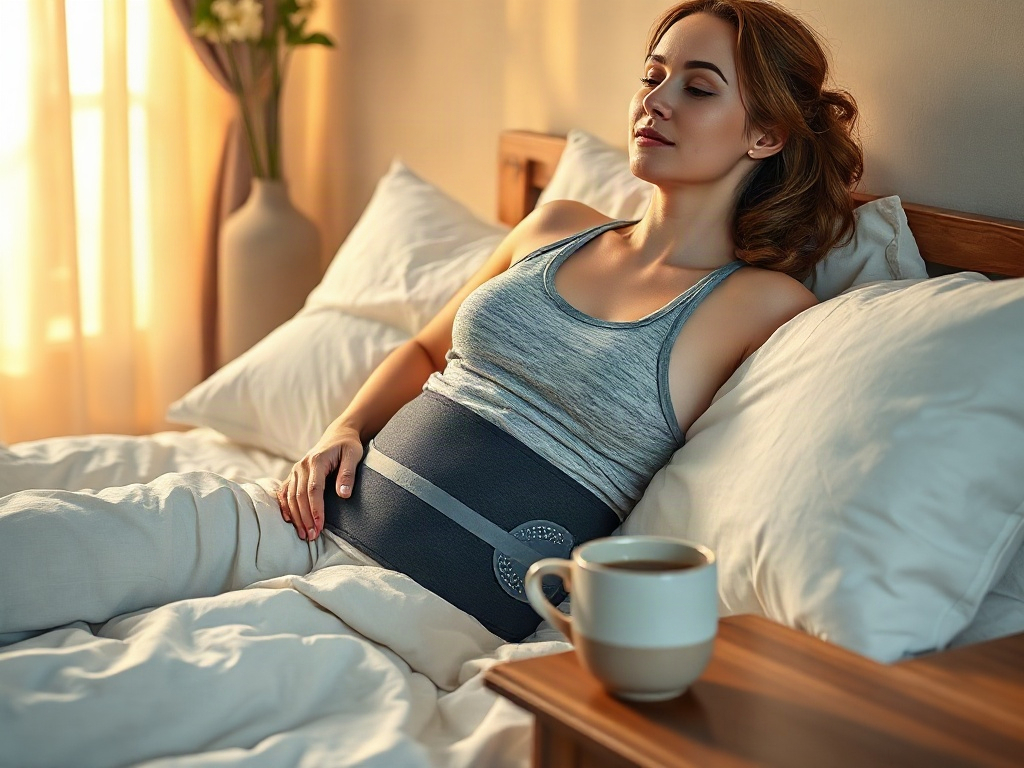 Femme relaxée sur son lit portant une ceinture lombaire chauffante le soir avec une tasse de thé