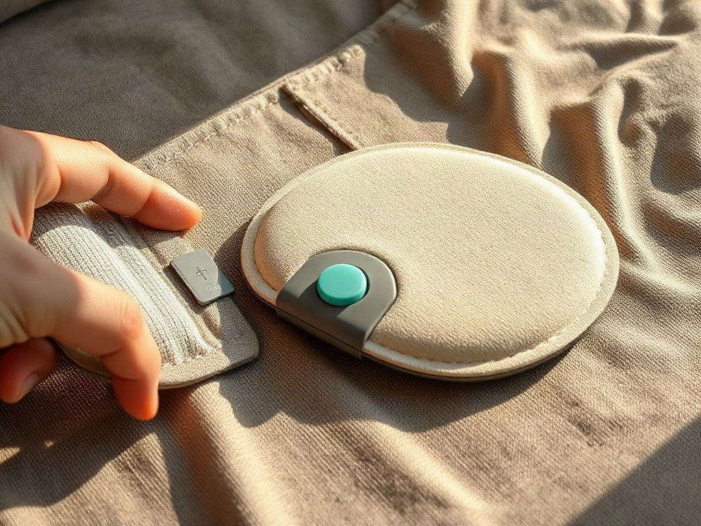Gros plan de la ceinture chauffante montrant le panneau de contrôle et la texture du coussin thermique
